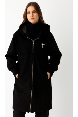 Fermuar Kapamalı Kapişonlu Kaban Siyah Siyah