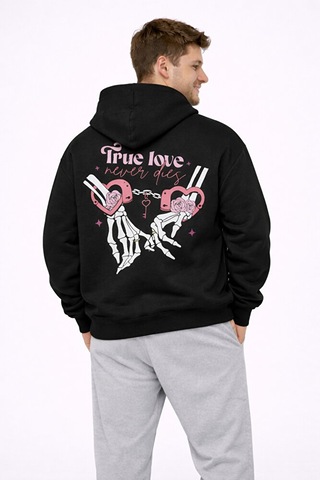 Nevermind Sevgili Kombini True Love Baskılı Oversize Siyah Hoodie Seti Unis
