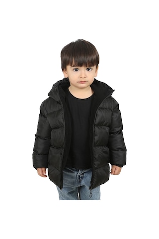 Freemen Erkek Çocuk Siyah Polarlı Kapüşonlu Su Geçirmez Rüzgara Dayanıklı Şişme Kışlık Mont Siyah