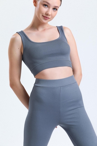 Yeşil Fitilli Kare Yaka Esnek Örme Crop Büstiyer Atlet Antrasit