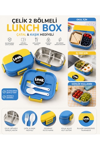 Muzeko Lunch Box Mavi Sarı 2 Bölmeli Paslanmaz Çelik Yemek Kabı Sızdırmaz Kapaklı, Taşınabilir Beslenme Kabı Çatak Kaşık Hediyeli 6204 Mavi 1000ml Açık Mavi - Sarı