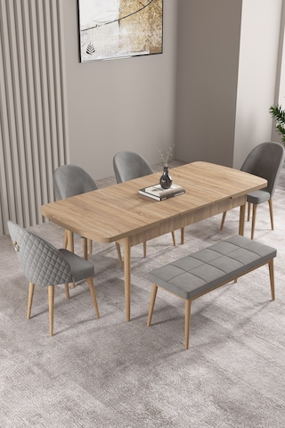 Milas Meşe Desen 80x132 Mdf Açılabilir Mutfak Masası Takımı 4 Sandalye, 1 Bench Gri