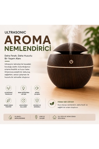 Küre Model Akasya Renk Hava Nemlendirici Ultrasonik Soğuk Buhar Makinesi, Led Işıklı