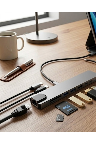 Type C Çoklu Port Hub 8 Port Usb Hdmı Sd Kart Ethernet Adaptör Akıllı Saat