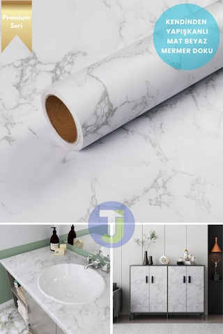 Technojet Kendinden Yapışkanlı Mat Mermer Desen Folyo Mutfak Banyo Tezgah Duvar Kaplama 60cmx100cm Beyaz
