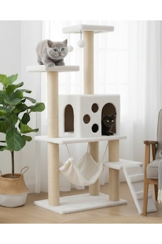 Reyo Pet B-10 Hamaklı Yuvalı Lüx Kedi Tırmalama Oyun Evi Beyaz