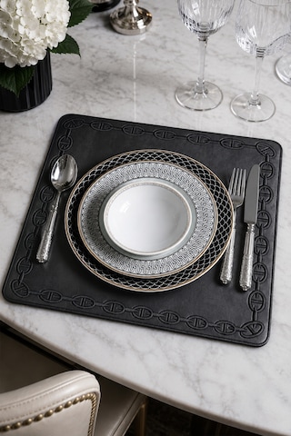 Nakışlı Deri Amerikan Servis 2'li Set Çift Taraflı Kare Supla 40x40 Cm Raya Siyah