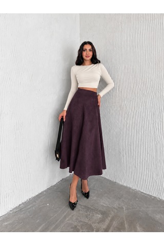 Ozy Fashion Kadın Süet Kloş Etek Mürdüm