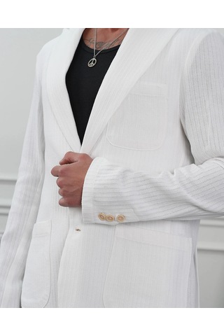 Modefendi %100 Pamuk Keten Modern Fit Keten Ceket Beyaz