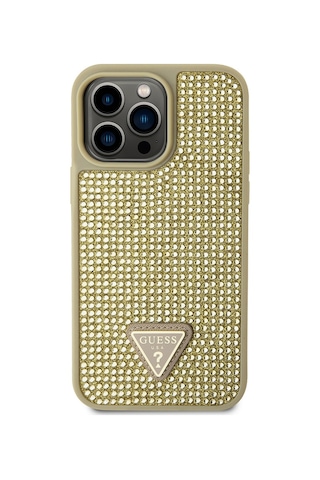 Apple iPhone 13 Pro Max Uyumlu Kılıf Guess Lisanslı Taşlı Arka Yüzey Üçgen Logolu Kapak Gold