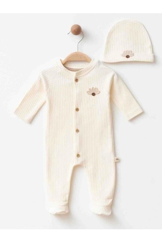 Zekids Kız Bebek Organik Pamuklu Çiçek Nakışlı Tulum Şapka Takım-16178 Krem