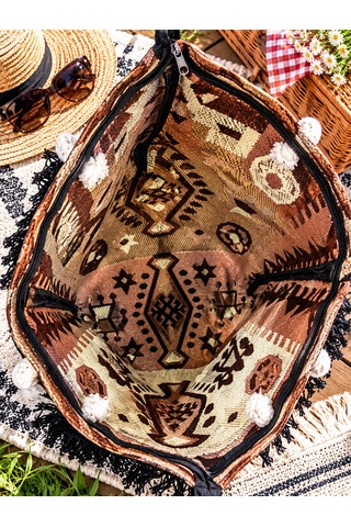 Etnik Desenli Kilim Omuz Ve Plaj Çantası 50x30 Cm Açık Kahverengi