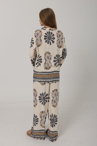 Desenli Kolları Volanlı Pantolon Takım - Antrasit Antrasit