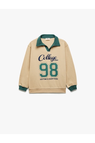 Koton Pamuklu Uzun Kollu Kolej Nakışlı Polo Yaka Sweatshirt Bej 6wkb10151tk Ekru