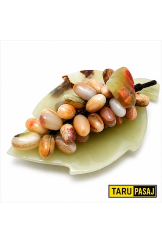 Doğal Oniks Taş Yaprak Tabak & 30 Taneli Üzüm Salkımı Feng Shui Dekor Objesi Kahverengi
