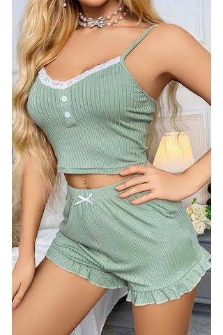 Kadın Yeşil Dantel Detaylı Şortlu Gecelik Pijama Takımı 5014