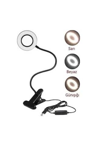 Gaman 3 Renk Işıklı Parlaklık Ayarlı Usb Akrobatik Çalışma Lambası - Makyaj Işığı Flexible Masa Lambası Siyah .