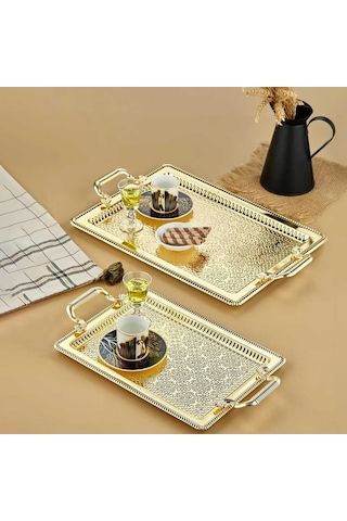 Cooker 3171 Dikdörtgen Kahve Çay Sunumluk Tepsi Takımı 2'li Altın