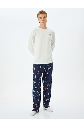 Koton Yılbaşı Temalı Uzun Kollu Örme Pijama Takımı Mavi Desenli 5wlm40035mk Mavi