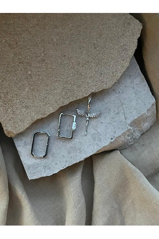 Gümüş Renkli Taşlı Melekli Üçlü Küpe