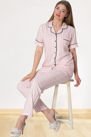 Mecit Pijama Mecit 5150 Kadın Pembe Çizgili Boydan Düğmeli Pijama Takımı 001