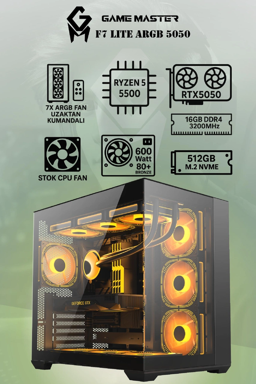 Game Master F7 Lite Argb R5-5500 16 GB 512 GB SSD RTX5050 Free Dos Masaüstü Oyuncu Bilgisayarı