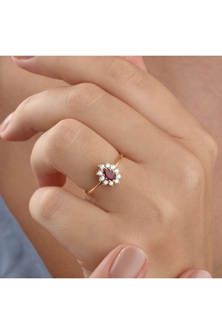 14 Ayar Mikron Altın Kaplama Kırmızı Taşlı Damla Halo Yüzük Vintage Still - Rs00118 Altın