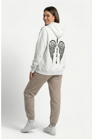 Nevermind Unisex His Angel & Her Guardian Baskılı Sevgili Kombini Hoodie Se Beyaz