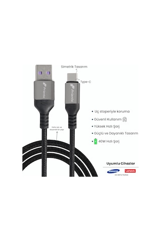 Priente PD40CA 40W Örgülü Type-c To Usb-a Hızlı Data Şarj Kablosu 1.5 M