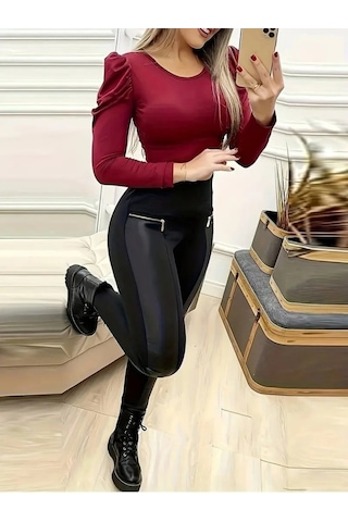 Kadın Yüksek Bel Deri Detaylı Fermuarlı Dalgıç Tayt Siyah