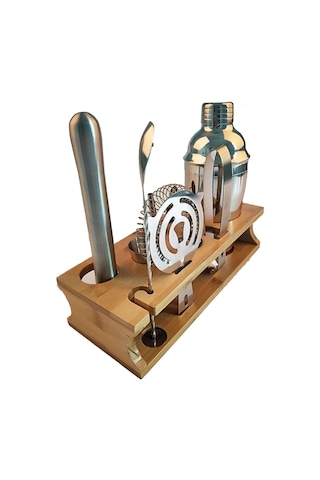 Sones 10'u 1 Arada Paslanmaz Çelik Çalkalayıcı Bambu Stand Seti Eğik Ağızlı Bar Kokteyl Barmenlik Aracı