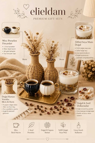 Doğum Günü, Özel Gün, Yeni İş, Yeni Ev Hediyesi İkili Porselen Fincan, Büyük Soya Mum, İkili Rattan Vazo Ve Kuru Çiçek Seti