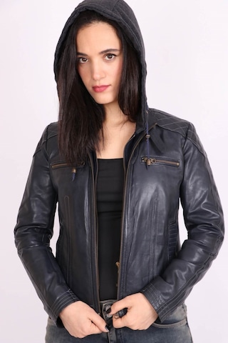 Lacivert Hakiki Deri Çıkarılabilir Kapüşonlu Hakim Yaka Spor Mont