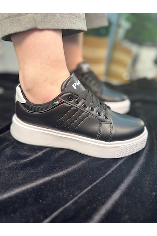 Günlük Kadın Spor Ayakkabı Ortopedik Vegan Deri Bağcık Hafif Kalın Yüksek Taban Yürüyüş Sneaker 102 Siyah - Beyaz