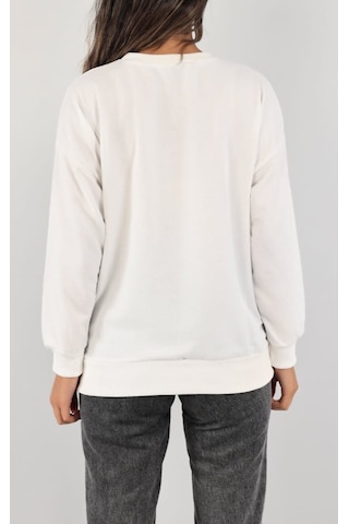 Beyaz Kadın Bisiklet Yaka Sweatshirt Beyaz