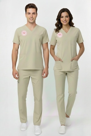 Unisex Bej Moth Teknisyen Tekniker Tıbbı Sekreter Scrubs Üniforma Takım Sağlık Bak.yeni Yön.uygun Bej