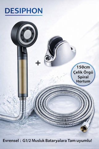 Yüksek Basınçlı Duş Seti 150 Cm Çelik Hortumlu Masajlı Filtreli Evrensel Banyo Seti Gri