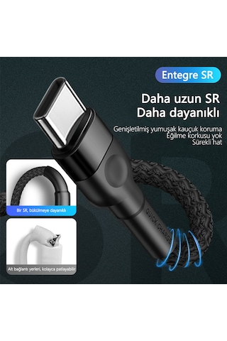 66w Süper Hızlı Şarj Kablosu 1 Metre Type-c Bağlantı 6a Akım Qc3.0 Uyumlu Yüksek Yoğunluklu Dokuma Usb - Type-c 1m Black