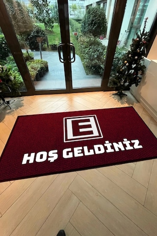 Valerine Life Eczane Logolu Kırmızı Dijital Baskılı Hoş Geldiniz Dükkan Önü İş Yeri Kapı Önü Paspası Kahverengi