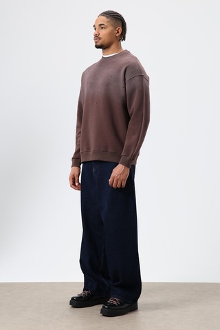 Vamos Yıkamalı Taş Detaylı Oversize Sweatshirt Kahve