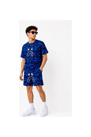 Butik İstanbul Erkek Oversize Kalıp Pubg Bape X Shark Nakışlı Cepli Şort Takım - Mavi