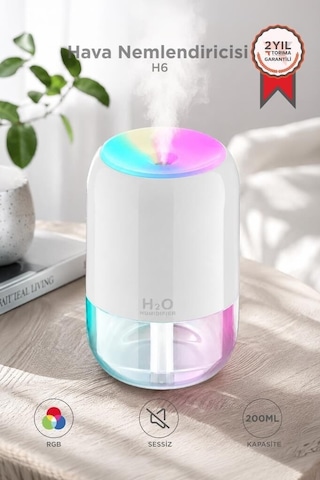 Buhar Makinesi Ortam Kokusu Sessiz H6 Beyaz 200ml Ultrasonik Renkli Hava Nemlendirici