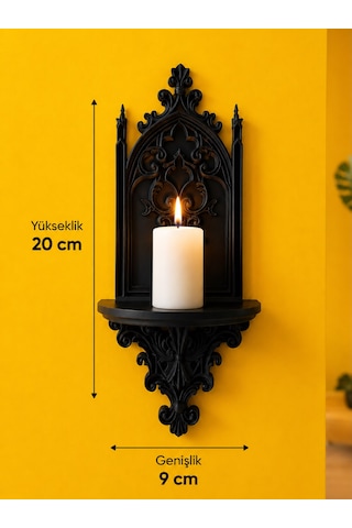 Gotik Katedral Duvar Şamdanlığı Dekoratif Mumluk Duvara Monte Gotik Duvar Dekoru 20x9 Cm Siyah