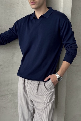Erkek Pamuklu Polo Yaka Oversize Triko Kazak Lacivert