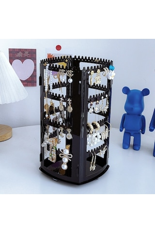 Döner Takı Ekran Standı Kulak Klipsi Küpe Küpe Saklama Standı Taşınabilir Takı Saklama Kutusu Asılı Kolye Rafı Siyah
