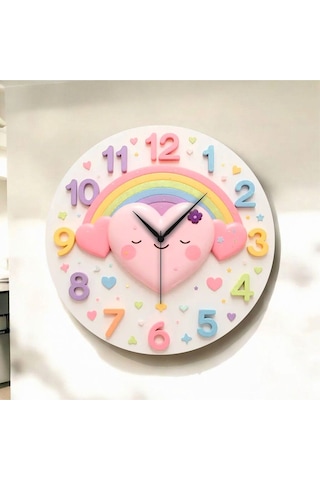 Renkli Baskı Kalp Çocuk Desenli Sayılı Hediyelik Ahşap Sessiz Duvar Saati 50cm ÇOk Renkli