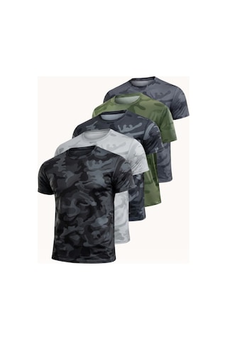 Serablanka 5'li Erkek Nem Emici Hızlı Kuruma Atletik Teknik Kamuflaj Desenli Spor T-shirt Siyah-gri-lacivert-haki-füme
