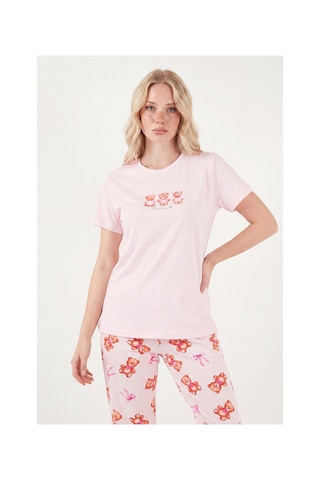 Lela Desenli Pamuklu Bisiklet Yaka Kaprili Pijama Takımı Bayan Pijama Takımı 65790787 Pembe