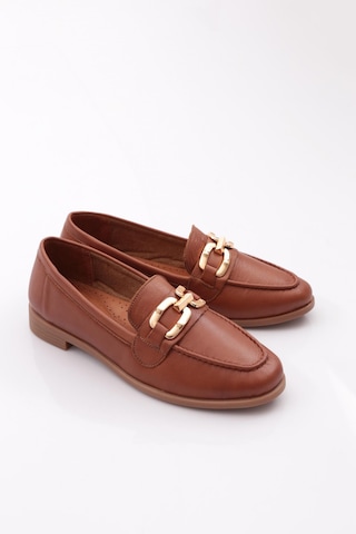 Dgn 1851 Kadin Metal Aksesuarli Loafer Ayakkabi Koyu Taba