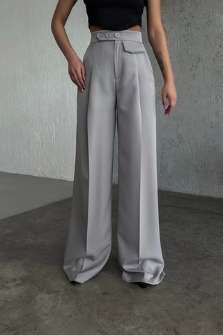 Defymoda Üç Düğme Detayli Palazzo Pantolon Gri
